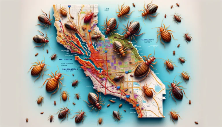 "Featured image for a blog post on bed bug infestations in the San Francisco Bay Area, showcasing a detailed map of the region with areas of high infestation marked, and featuring realistic depictions of bed bugs without any text."
