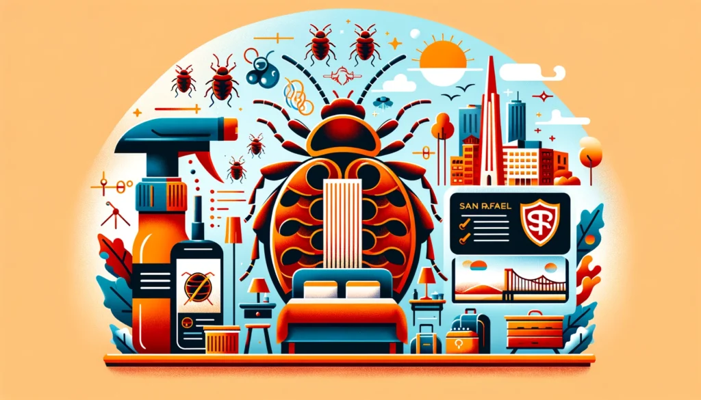 "Image illustrating San Rafael's approach to bed bug control, featuring a map of San Rafael with recognizable landmarks, stylized bed bugs, and symbols of pest control such as a spray bottle and shield. The image conveys a proactive and informative message about combating bed bug infestations."