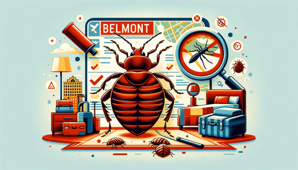"Featured image for the blog post 'Effective Bed Bug Extermination Tips Belmont,' showing a stylized map of Belmont with symbolic bed bugs correctly depicted with six legs, alongside symbols of extermination methods like a spray bottle and a magnifying glass, set against an engaging color scheme."