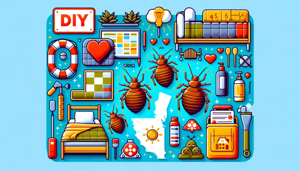 "Featured image for the blog post 'DIY Bed Bug Solutions Bay Area – Effective Tips,' displaying a stylized map of the Bay Area with realistic six-legged bed bugs, and symbols of DIY solutions like homemade traps and cleaning tools, set against a bright and engaging color background."