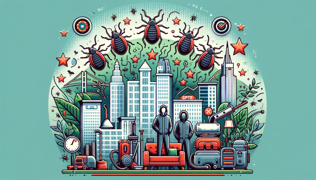 "Featured image for 'Insightful Reviews on the Best Bed Bug Removal Services in the Bay Area,' showcasing a stylized map of the Bay Area with symbols of bed bug removal services, including a team of professionals, equipment like vacuums or sprays, and a star rating system, set against a professional and engaging color scheme."